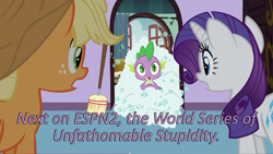 Size: 640x360 | Tagged: safe, edit, edited screencap, screencap, character:applejack, character:rarity, character:spike, species:dragon, species:earth pony, species:pony, species:unicorn, episode:spike at your service, g4, my little pony: friendship is magic, broom, bubble, caption, cards against humanity, female, image macro, male, mare, text