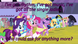 Size: 640x360 | Tagged: safe, edit, edited screencap, screencap, character:applejack, character:fluttershy, character:pinkie pie, character:rainbow dash, character:rarity, character:spike, character:twilight sparkle, character:twilight sparkle (alicorn), species:alicorn, species:pony, episode:magical mystery cure, g4, my little pony: friendship is magic, big crown thingy, caption, cards against humanity, image macro, jewelry, life in equestria, prancing, regalia, text