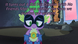 Size: 640x360 | Tagged: safe, edit, edited screencap, screencap, character:humdrum, character:spike, episode:power ponies, g4, my little pony: friendship is magic, belt, caption, cards against humanity, image macro, maretropolis, mask, sad, text