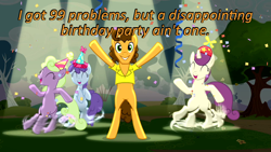 Size: 640x360 | Tagged: safe, edit, edited screencap, screencap, character:cheese sandwich, species:earth pony, species:pony, species:unicorn, episode:pinkie pride, g4, my little pony: friendship is magic, bitta blues, caption, cards against humanity, clothing, confetti, dancing, hat, image macro, nook, party hat, propeller, propeller hat, rain e. daze, rainbow melodies, spotlight, text