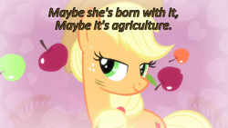 Size: 640x360 | Tagged: safe, edit, edited screencap, screencap, character:applejack, episode:simple ways, g4, my little pony: friendship is magic, apple, bedroom eyes, caption, cards against humanity, food, image macro, text