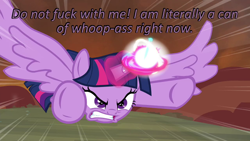 Size: 640x360 | Tagged: safe, edit, edited screencap, screencap, character:twilight sparkle, character:twilight sparkle (alicorn), species:alicorn, species:pony, episode:twilight's kingdom, g4, my little pony: friendship is magic, angry, caption, cards against humanity, charge, energy blast, female, flying, image macro, solo, text, vulgar