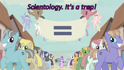 Size: 640x360 | Tagged: safe, edit, edited screencap, screencap, character:dusk drift, character:offbeat, character:starlight glimmer, episode:the cutie map, g4, my little pony: friendship is magic, caption, cards against humanity, equal cutie mark, equal sign, equalized, image macro, in our town, moon dust, our town, s5 starlight, scientology, smiling, text