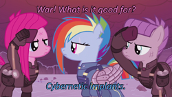 Size: 640x360 | Tagged: safe, edit, edited screencap, screencap, character:maud pie, character:pinkamena diane pie, character:pinkie pie, character:rainbow dash, episode:the cutie re-mark, alternate hairstyle, alternate timeline, alternate universe, amputee, apinkalypse pie, apocalypse dash, apocalypse maud, augmented, caption, cards against humanity, clothing, crystal war timeline, image macro, prosthetic limb, prosthetic wing, prosthetics, salute, scar, text, torn ear, trio