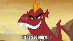 Size: 890x500 | Tagged: safe, edit, edited screencap, screencap, character:garble, species:dragon, caption, eyebrows, fangs, grin, here's johnny, image macro, jack nicholson, meme, smiling, text, the shining