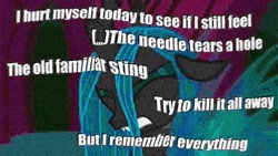 Size: 1200x675 | Tagged: safe, edit, edited screencap, screencap, character:queen chrysalis, species:changeling, changeling queen, deep fried meme, edgy, edgy as fuck, eyes closed, female, implied self harm, johnny cash, meme, nine inch nails, solo, text