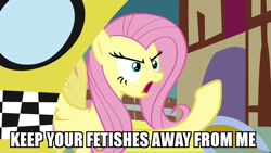 Size: 1280x720 | Tagged: safe, edit, edited screencap, screencap, character:fluttershy, species:pegasus, species:pony, episode:putting your hoof down, g4, my little pony: friendship is magic, angry, caption, exploitable meme, female, frown, image macro, impact font, meme, raised hoof, reaction image, shitposting, solo, taxi, text