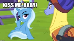 Size: 888x499 | Tagged: safe, edit, edited screencap, screencap, character:hoo'far, character:trixie, ship:trixfar, episode:on the road to friendship, caption, female, image macro, male, meme, shipping, straight, text, trixie yells at everything