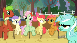 Size: 1224x690 | Tagged: safe, edit, edited screencap, screencap, character:alula, character:apple bloom, character:apple cinnamon, character:babs seed, character:florina tart, character:lyra heartstrings, character:pluto, species:earth pony, species:pony, species:unicorn, episode:apple family reunion, g4, my little pony: friendship is magic, apple family member, background pony, female, filly, lyra is not amused, male, mare, sitting, stallion, unamused