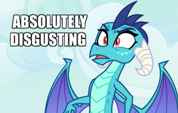 Size: 1129x720 | Tagged: safe, edit, edited screencap, screencap, character:princess ember, species:dragon, episode:triple threat, g4, my little pony: friendship is magic, absolutely disgusting, caption, dragoness, female, image macro, meme, reaction, solo, text