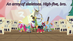 Size: 640x360 | Tagged: safe, edit, edited screencap, screencap, character:big mcintosh, character:discord, character:pinkie pie, character:rainbow dash, character:spike, species:pony, species:unicorn, episode:dungeons & discords, bard pie, bone, captain wuzz, caption, cards against humanity, dungeons and dragons, fantasy class, garbuncle, image macro, ogres and oubliettes, pen and paper rpg, race swap, rainbow rogue, rpg, sir mcbiggen, skeleton, skeleton pony, text, unicorn big mac