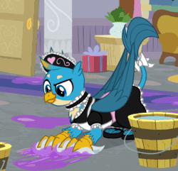 Size: 1080x1040 | Tagged: safe, edit, edited screencap, screencap, character:gallus, species:griffon, episode:the hearth's warming club, g4, my little pony: friendship is magic, animated, blep, bow, bucket, cleaning, clothing, collar, cropped, crossdressing, cute, fishnets, gallabetes, headdress, maid, no sound, raised eyebrow, smiling, smirk, solo, tail bow, tongue out, towel, washing, webm