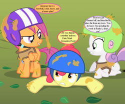Size: 864x720 | Tagged: safe, edit, edited screencap, screencap, character:apple bloom, character:scootaloo, character:sweetie belle, species:pegasus, species:pony, episode:the cutie mark chronicles, g4, my little pony: friendship is magic, clothing, crash helmet, cropped, cutie mark crusaders, dialogue, helmet, implied rarity, speech bubble, text, tree sap and pine needles, vest