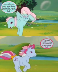 Size: 512x640 | Tagged: safe, edit, edited screencap, screencap, character:sweet stuff, character:wind whistler, episode:the magic coins, g1, my little pony 'n friends, bow, bubble, buckball, cropped, dialogue, implied fizzy, speech bubble, tail bow