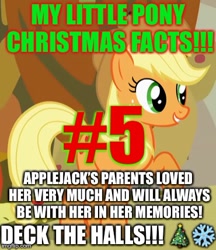 Size: 370x429 | Tagged: safe, edit, edited screencap, screencap, character:applejack, caption, christmas, christmas tree, emoji, excessive exclamation marks, fun fact, holiday, image macro, implied bright mac, implied death, implied pear butter, my little pony christmas facts, snow, snowflake, text, tree