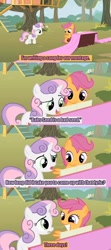 Size: 640x1440 | Tagged: safe, edit, edited screencap, screencap, character:scootaloo, character:sweetie belle, species:pegasus, species:pony, episode:one bad apple, episode:the show stoppers, g4, my little pony: friendship is magic, caption, comic, duo, fabric, lyrics, meme, piano, screencap comic