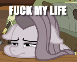 Size: 596x478 | Tagged: safe, edit, edited screencap, screencap, character:pinkamena diane pie, character:pinkie pie, episode:yakity-sax, g4, my little pony: friendship is magic, caption, cropped, depressed, floppy ears, fuck my life, image macro, meme, solo focus, text, vulgar