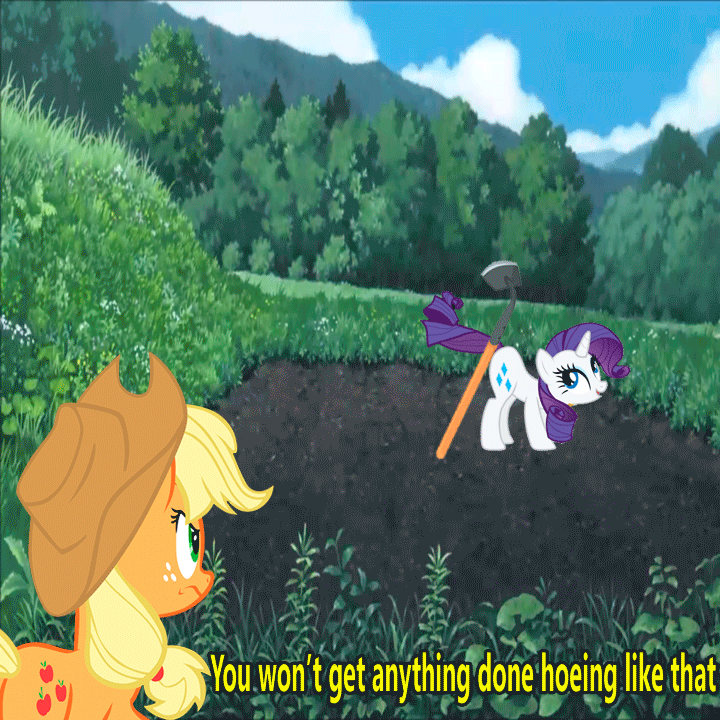 Size: 720x720 | Tagged: safe, edit, edited screencap, screencap, character:applejack, character:rarity, species:earth pony, species:pony, species:unicorn, episode:applejack's day off, episode:friendship is magic, g4, my little pony: friendship is magic, angry, animated, caption, farming, female, gif, gif with captions, hoe, mare, meme, pun, tail whip, wolf children