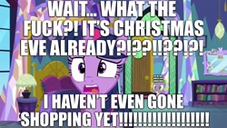 Size: 1280x720 | Tagged: safe, edit, edited screencap, screencap, character:spike, character:twilight sparkle, character:twilight sparkle (alicorn), species:alicorn, species:pony, episode:best gift ever, g4, my little pony: friendship is magic, caption, christmas, christmas eve, christmas shopping, excessive exclamation marks, holiday, image macro, stressed, text, twilynanas, vulgar