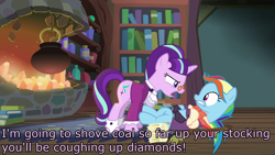 Size: 1920x1080 | Tagged: safe, edit, edited screencap, screencap, character:rainbow dash, character:snowfall frost, character:starlight glimmer, episode:a hearth's warming tail, g4, my little pony: friendship is magic, caption, discovery family logo, futurama, image macro, robot santa claus, snowdash, text