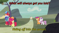 Size: 640x360 | Tagged: safe, edit, edited screencap, screencap, character:apple bloom, character:big mcintosh, character:feather bangs, character:scootaloo, character:sugar belle, character:sweetie belle, species:pegasus, species:pony, episode:hard to say anything, g4, my little pony: friendship is magic, bad end, caption, cards against humanity, carriage, cutie mark crusaders, image macro, prince outfit, text, tree