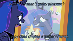 Size: 640x360 | Tagged: safe, edit, edited screencap, screencap, character:princess luna, episode:a royal problem, g4, my little pony: friendship is magic, batman, caption, cards against humanity, female, filly, forced smile, image macro, indian summer, raspberry cream, text