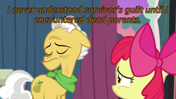 Size: 640x360 | Tagged: safe, edit, edited screencap, screencap, character:apple bloom, character:grand pear, episode:the perfect pear, g4, my little pony: friendship is magic, caption, cards against humanity, dead parents, guilty, image macro, sad, text