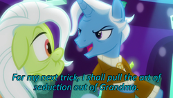 Size: 640x360 | Tagged: safe, edit, edited screencap, screencap, character:granny smith, character:jack pot, episode:grannies gone wild, g4, my little pony: friendship is magic, caption, cards against humanity, duo, image macro, implied shipping, implied straight, text