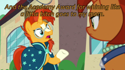 Size: 640x360 | Tagged: safe, edit, edited screencap, screencap, character:stellar flare, character:sunburst, episode:the parent map, g4, angry, caption, cards against humanity, duo, image macro, raised hoof, text, vulgar