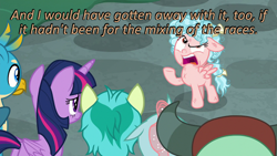 Size: 640x360 | Tagged: safe, edit, edited screencap, screencap, character:cozy glow, character:gallus, character:ocellus, character:sandbar, character:twilight sparkle, character:twilight sparkle (alicorn), character:yona, species:alicorn, species:changedling, species:pegasus, species:pony, episode:school raze, g4, my little pony: friendship is magic, angry, caption, cards against humanity, female, filly, image macro, speciesism, text