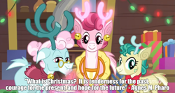 Size: 1615x861 | Tagged: safe, edit, edited screencap, screencap, character:alice, character:aurora, character:bori, species:deer, species:reindeer, episode:best gift ever, g4, my little pony: friendship is magic, agnes m pharo, caption, christmas, holiday, image macro, quote, text, the gift givers