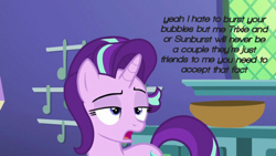 Size: 720x405 | Tagged: safe, edit, edited screencap, screencap, character:starlight glimmer, species:pony, species:unicorn, cropped, female, implied sunburst, implied trixie, mare, mouthpiece, my little pony, open mouth, shipping denied, solo, taken, text, text edit