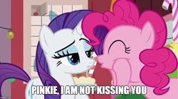 Size: 888x499 | Tagged: safe, edit, edited screencap, screencap, character:pinkie pie, character:rarity, species:earth pony, species:pony, species:unicorn, ship:raripie, caption, dialogue, female, image macro, lesbian, mare, meme, shipping, shipping denied, text