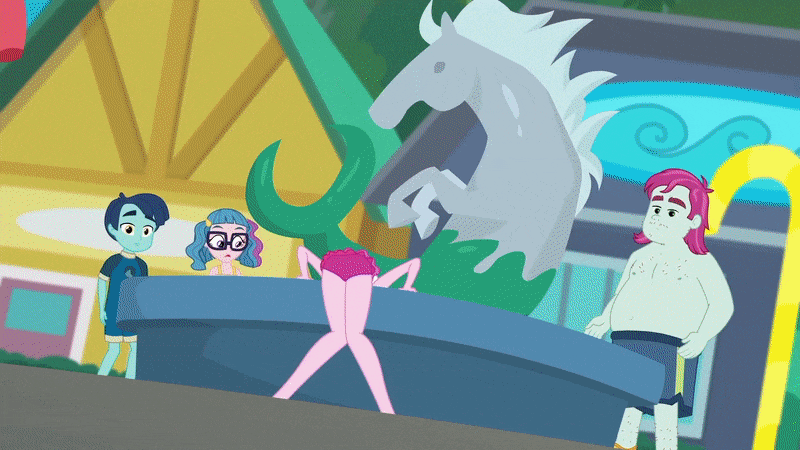 Size: 800x450 | Tagged: safe, edit, edited screencap, screencap, character:pinkie pie, episode:x marks the spot, g4, my little pony: equestria girls, my little pony:equestria girls, animated, ass, background human, balloonbutt, butt, female, gif, henry handle, male, manestrum, meal ticket, technicolor waves