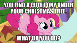 Size: 600x337 | Tagged: safe, edit, edited screencap, screencap, character:pinkie pie, species:earth pony, species:pony, episode:the great escape room, bronybait, caption, christmas, cute, female, holiday, image macro, mare, meme, present, solo, text