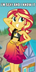 Size: 540x1080 | Tagged: safe, edit, edited screencap, screencap, character:sunset shimmer, equestria girls:forgotten friendship, g4, my little pony: equestria girls, my little pony:equestria girls, adorasexy, belly button, caption, clothing, cropped, cute, female, geode of empathy, image macro, jewelry, lmfao, magical geodes, meme, midriff, sexy, sexy and i know it (lmfao), shimmerbetes, solo, song reference, sunset selfie, swimsuit, text
