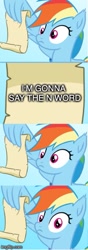 Size: 211x600 | Tagged: safe, edit, edited screencap, screencap, character:rainbow dash, species:pegasus, species:pony, episode:grannies gone wild, g4, my little pony: friendship is magic, exploitable meme, i'm going to say the n word, i'm gonna say the n-word, meme, n word, racist slur, rainbow dash reading a scroll