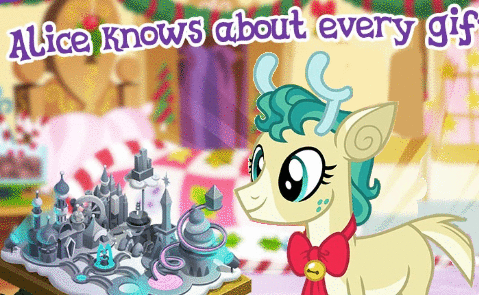 Size: 479x295 | Tagged: safe, edit, edited screencap, gameloft, screencap, character:alice, species:deer, species:reindeer, episode:best gift ever, g4, my little pony: friendship is magic, adoralice, animated, cute, dumb running ponies, gif, meme, op is a swan, pun, smiling, visual gag, walking, wow! glimmer