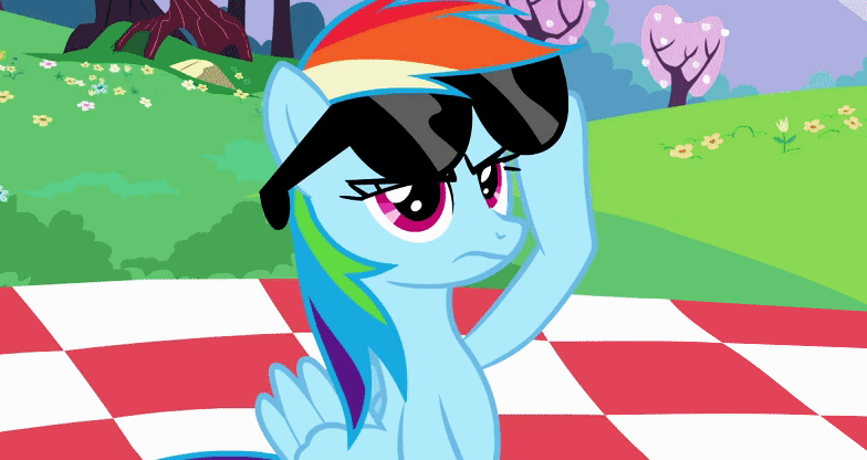 Size: 784x416 | Tagged: safe, edit, edited screencap, screencap, character:rainbow dash, episode:lesson zero, g4, my little pony: friendship is magic, animated, caption, deal with it, female, gif, gif with captions, image macro, impact font, meme, picnic blanket, solo, sunglasses, text