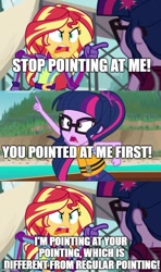 Size: 500x843 | Tagged: safe, edit, edited screencap, screencap, character:sunset shimmer, character:twilight sparkle, character:twilight sparkle (scitwi), species:eqg human, episode:the salty sails, equestria girls:friendship games, g4, my little pony: equestria girls, my little pony:equestria girls, angry, caption, clothing, comic, crossing the memes, exploitable meme, glasses, image macro, lifejacket, meme, motorcross outfit, pointing, screencap comic, spider-man points at spider-man, spider-man: into the spider-verse, sunset yells at twilight, text
