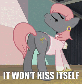 Size: 282x288 | Tagged: safe, edit, edited screencap, screencap, character:prim hemline, episode:rarity takes manehattan, g4, my little pony: friendship is magic, animated, caption, gif, gif with captions, image macro, impact font, it ain't gonna kiss itself, kiss my ass, tail flick, text