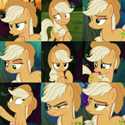 Size: 1024x1024 | Tagged: safe, edit, screencap, character:mean applejack, species:earth pony, species:pony, episode:the mean 6, g4, my little pony: friendship is magic, applejack's hat, clone, clothing, collage, cowboy hat, female, freckles, hat, mare, open mouth, raised hoof