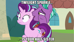 Size: 960x540 | Tagged: safe, edit, edited screencap, screencap, character:firelight, character:starlight glimmer, species:pony, species:unicorn, episode:the parent map, g4, caption, duo, father and daughter, female, image macro, implied adultery, implied twilight sparkle, male, mare, meme, stallion, text, whispering