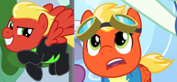Size: 981x455 | Tagged: safe, edit, screencap, character:short fuse, species:pegasus, species:pony, episode:the washouts, episode:top bolt, g4, my little pony: friendship is magic, clothing, flying, goggles, male, smiling, smirk, solo, stallion, uniform, washouts uniform
