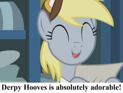 Size: 972x729 | Tagged: safe, edit, edited screencap, screencap, character:derpy hooves, episode:best gift ever, g4, my little pony: friendship is magic, captain obvious, clothing, cropped, cute, derpabetes, eyes closed, fact, hat, mailmare hat, paper, post office, text, truth, you don't say