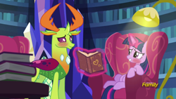 Size: 1280x720 | Tagged: safe, edit, edited screencap, screencap, character:thorax, character:twilight sparkle, character:twilight sparkle (alicorn), species:alicorn, species:changeling, species:pony, species:reformed changeling, ship:twirax, episode:triple threat, g4, my little pony: friendship is magic, antlers, blushing, book, bookshelf, chair, couch, discovery family logo, female, lamp, looking at each other, male, shipping, smiling, straight, twilight's castle