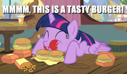 Size: 865x508 | Tagged: safe, edit, edited screencap, screencap, character:coco crusoe, character:twilight sparkle, character:twilight sparkle (alicorn), species:alicorn, species:pony, episode:twilight time, g4, my little pony: friendship is magic, burger, caption, food, hay burger, image macro, ketchup, messy eating, onion horseshoes, pulp fiction, reference, samuel l jackson, sauce, text, that pony sure does love burgers, twilight burgkle, twilight slobble