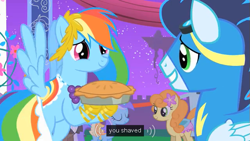 Size: 639x360 | Tagged: safe, edit, edited screencap, screencap, character:carrot top, character:diamond mint, character:golden harvest, character:rainbow dash, character:soarin', species:earth pony, species:pegasus, species:pony, species:unicorn, episode:the best night ever, g4, my little pony: friendship is magic, caption, clothing, dress, female, gala dress, goggles, male, mare, night, pie, shaved, stallion, uniform, wonderbolts uniform, youtube caption