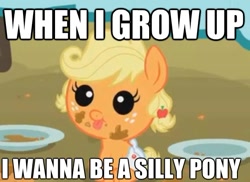 Size: 595x433 | Tagged: safe, edit, edited screencap, screencap, character:applejack, species:pony, episode:apple family reunion, g4, my little pony: friendship is magic, all caps, baby, babyjack, caption, cute, dawwww, image macro, impact font, silly, silly pony, who's a silly pony