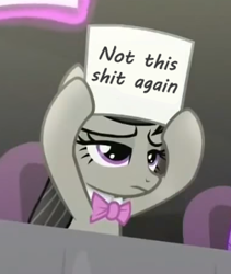 Size: 282x334 | Tagged: safe, edit, edited screencap, screencap, character:octavia melody, episode:bloom and gloom, g4, my little pony: friendship is magic, cropped, female, hoof hold, not this shit again, octavia is not amused, reaction image, sign, solo, unamused, vulgar
